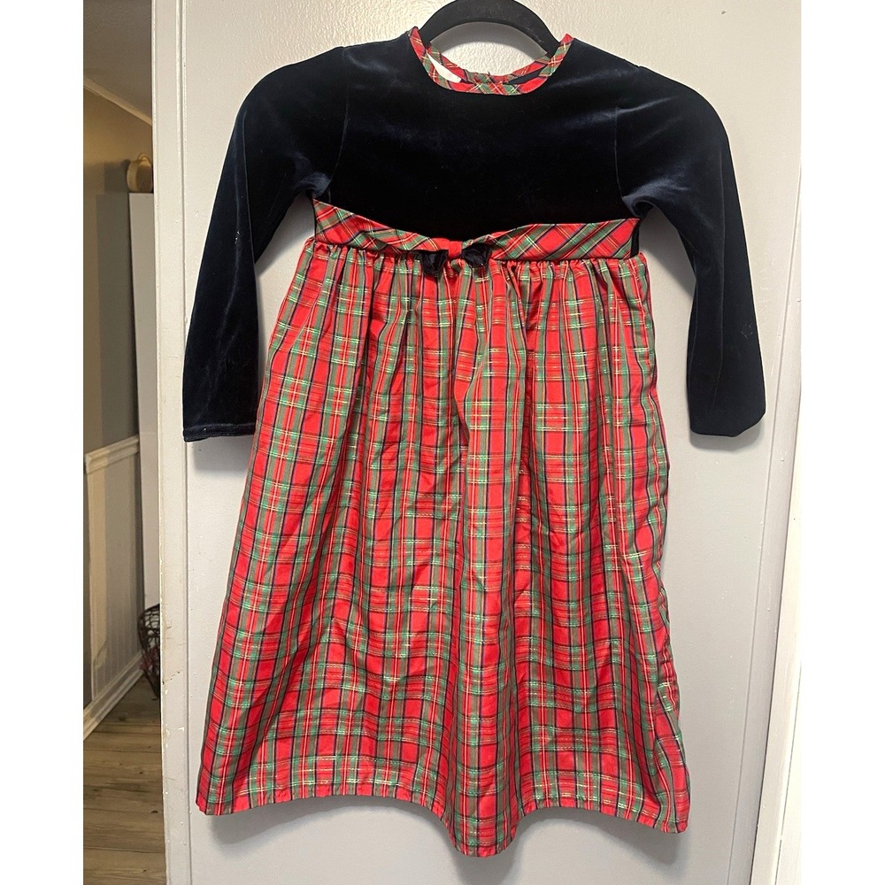 Girls Velvet Bodice A-Line Dress Red Green Plaid Skirt Long Sleeve Knee Length